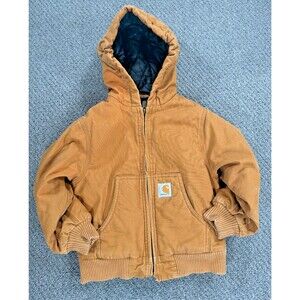 Carhartt Toddler XXS (4-5) Chicago Zip Up Workwear Hooded Duck Jacket Tan Lined